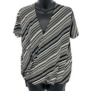 Ava Sky Fighting Eel Tunic Blouse Womens Medium Black White Stripe Cross Wrap